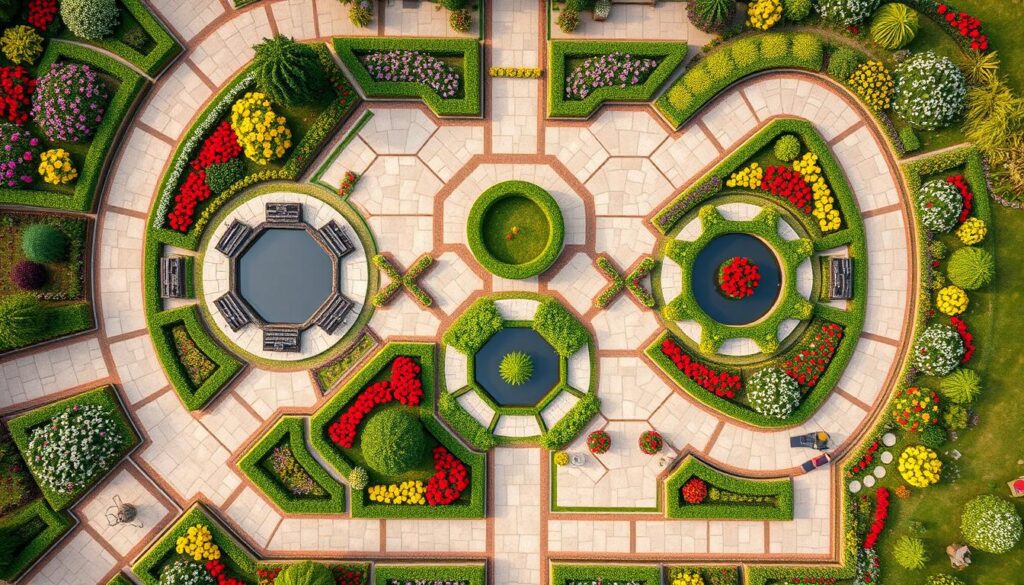 "An aerial view of a beautifully landscaped garden featuring intricate geometric patterns, with symmetrical flower beds, stone pathways arranged in hexagonal shapes, circular ponds, and vibrant greenery creating a harmonious design, surrounded by colorful blooms and decorative elements."