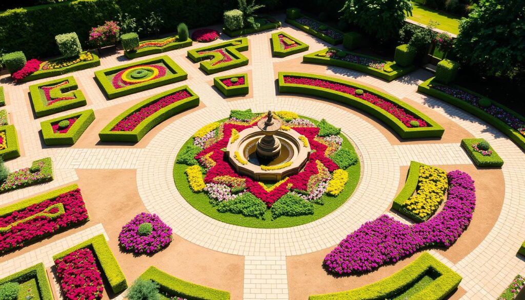 A lush garden design featuring a symmetrical grid layout with neatly arranged flower beds, pathways, and geometric hedges intertwined with a circular radial layout showcasing vibrant flowers radiating from a central fountain, all surrounded by greenery under bright sunlight.