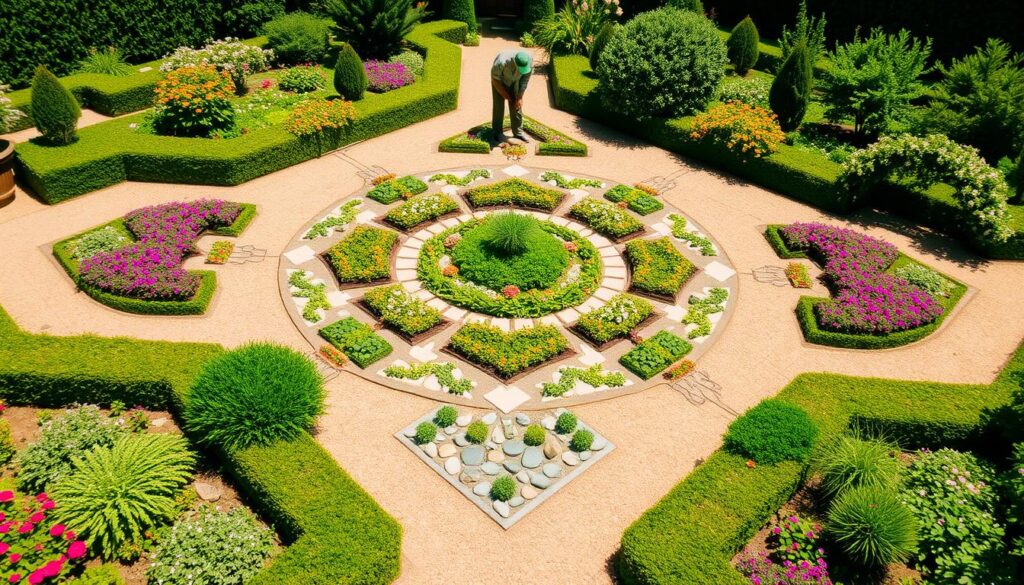 A beautifully arranged geometric garden layout featuring intricate patterns of flowers, shrubs, and stones, with a gardener carefully pruning and maintaining the plants, surrounded by vibrant greenery and symmetrical designs in a sunny environment.