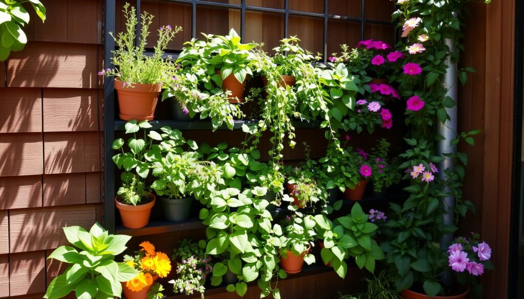 A lush vertical garden against a rustic wooden wall, featuring a variety of vibrant plants, herbs, and flowers in tiered pots and pockets, cascading greenery, and colorful blooms, sunlight filtering through leaves, creating a serene and inviting atmosphere in a small outdoor space.