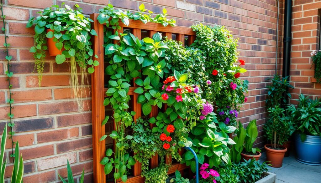 A lush vertical garden featuring a variety of colorful plants and herbs, creatively arranged on a wooden trellis against a textured brick wall, with cascading greenery and vibrant flowers, natural sunlight illuminating the scene, showcasing innovative use of space in a small urban yard.