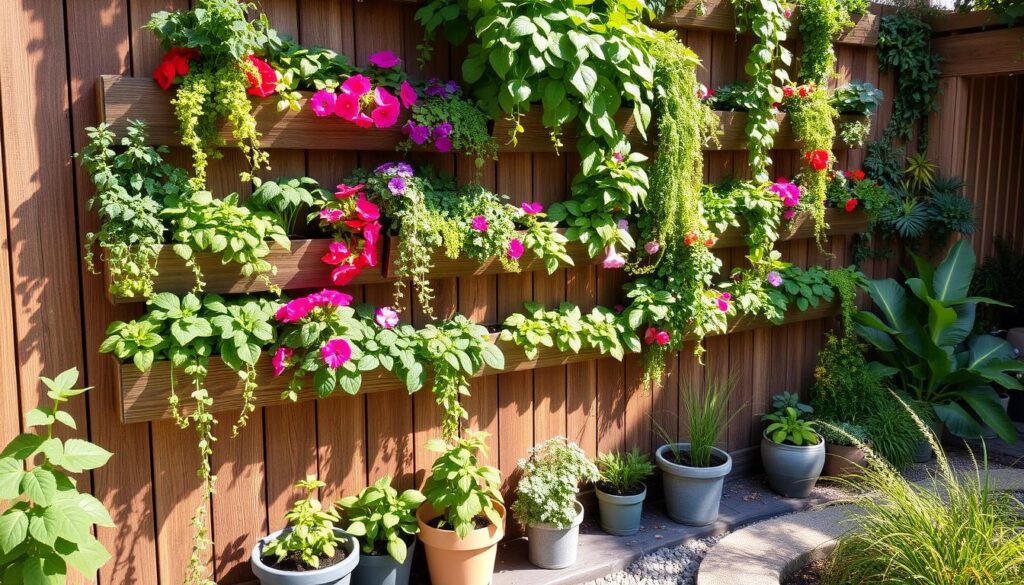 A vibrant vertical garden against a wooden fence, showcasing a variety of herbs, flowers, and leafy greens. Tiers of planters filled with colorful blooms, cascading vines, and lush foliage. Sunlight filtering through the leaves, casting gentle shadows on the ground. A small, cozy seating area below with potted plants and a gravel pathway winding through the space.