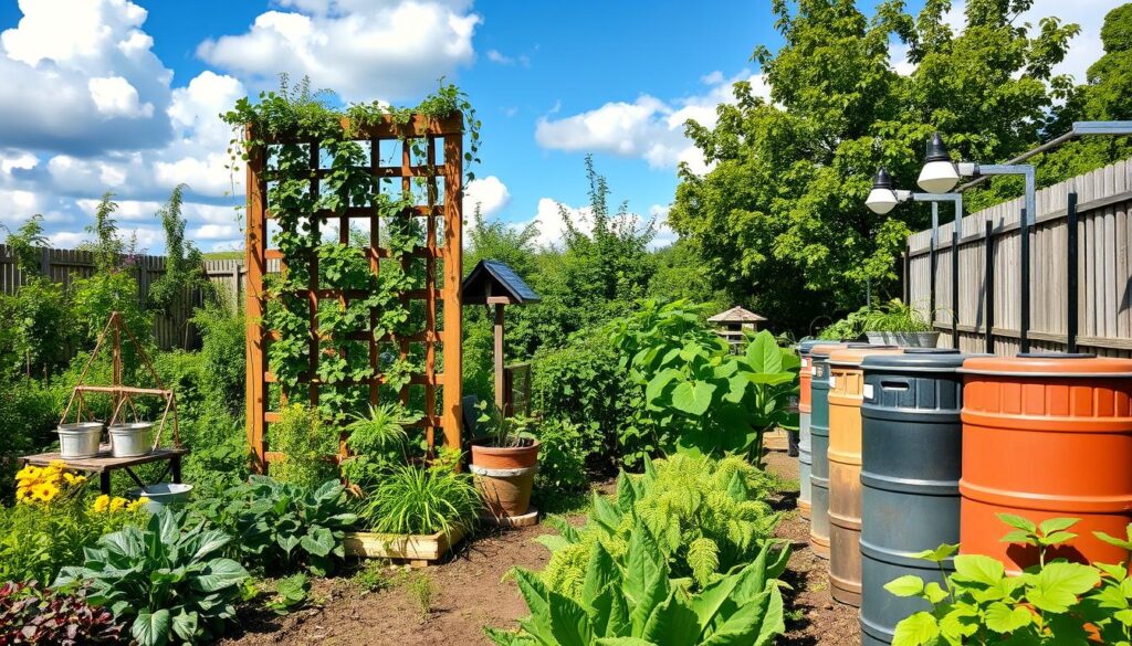 A lush garden filled with diverse plants, featuring a vertical garden on a wooden trellis, compost bins made from recycled materials, rainwater collection barrels, and solar-powered garden lights, all under a bright blue sky with fluffy clouds.