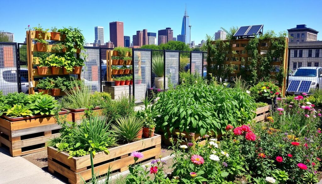 A vibrant urban garden showcasing diverse plants in recycled containers, vertical gardening structures made from wooden pallets, a rainwater collection system, solar-powered garden lights, and native flowering plants attracting pollinators, all set against a city skyline under a bright blue sky.