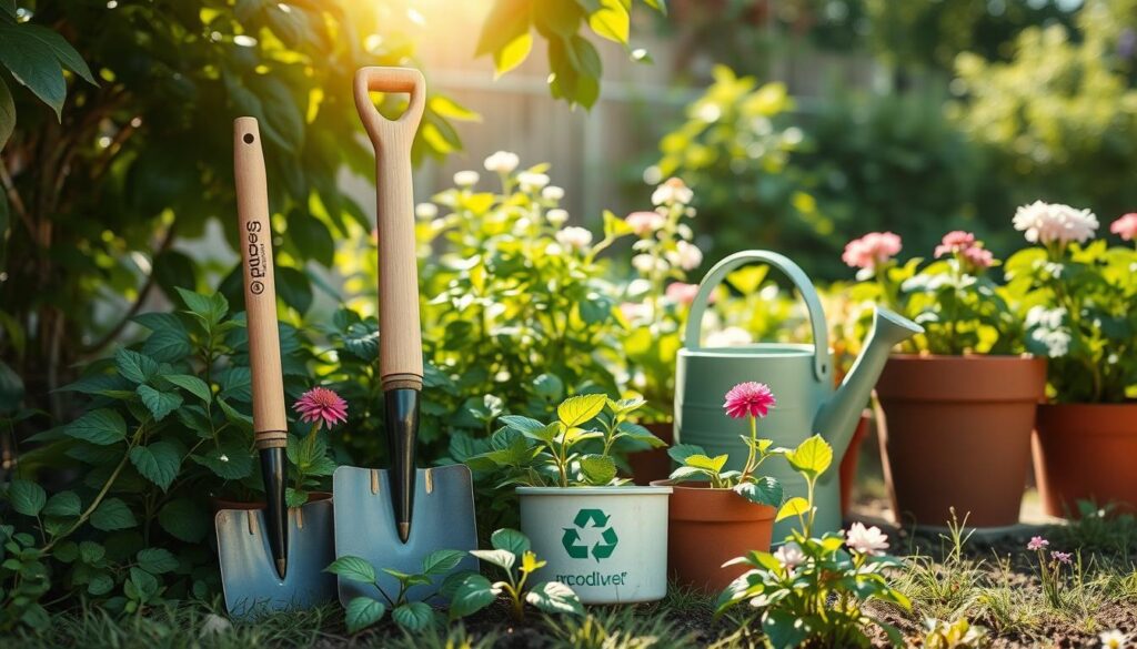 A serene outdoor scene showcasing a variety of innovative eco-friendly gardening tools, including a bamboo-handled spade, a recycled plastic watering can, and biodegradable plant pots, all surrounded by vibrant green plants and blooming flowers, with a soft sunlight filtering through the leaves above.