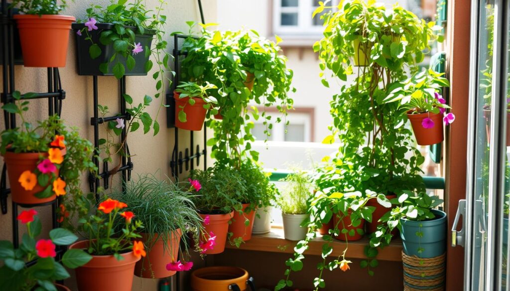 A vibrant compact garden showcasing vertical planters filled with colorful herbs and flowers, cascading greenery on a small balcony, creative use of wall-mounted shelves, hanging pots, and recycled containers, bright sunlight illuminating the lush foliage, evoking a sense of tranquility and nature in a tiny urban space.