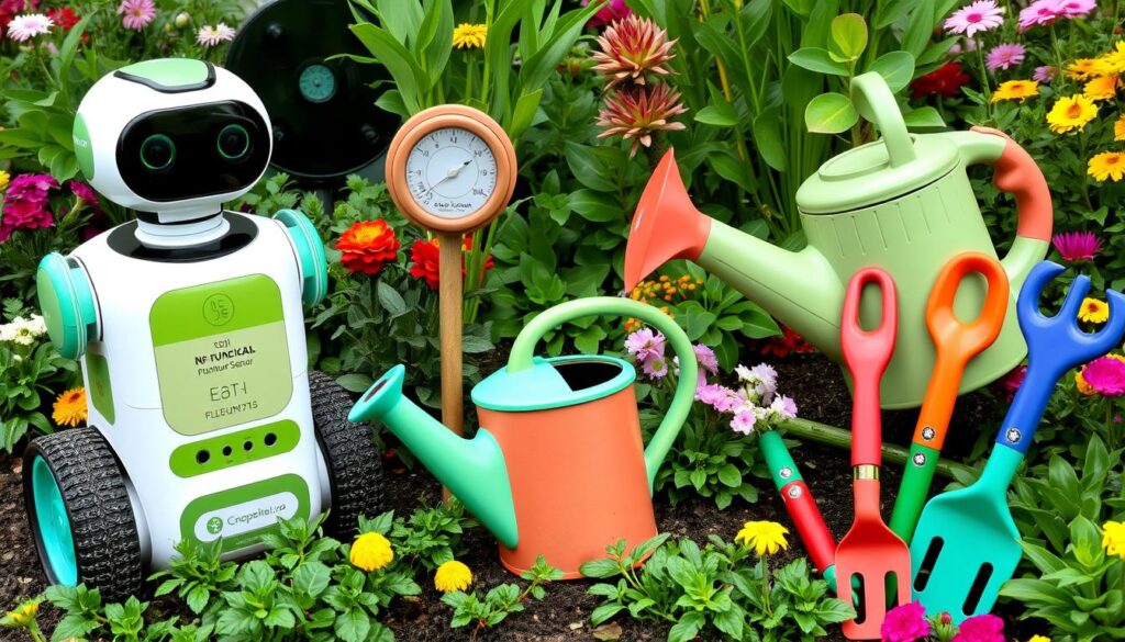 A collection of bizarre gardening gadgets, featuring a multi-functional plant care robot, a quirky soil moisture sensor shaped like an animal, an oversized watering can with a whimsical design, and a set of colorful, ergonomic hand tools with unusual shapes, all displayed in a vibrant garden setting with lush greenery and blooming flowers.
