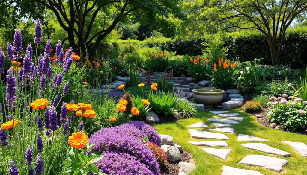 A vibrant garden landscape featuring a variety of mosquito-repelling plants, such as lavender, marigolds, citronella, and basil, interspersed with lush greenery and colorful flowers. Include decorative pathways made of stones, sunlight filtering through leafy trees, and a small water feature for aesthetic appeal, all creating a serene and natural environment that promotes tranquility while keeping mosquitoes at bay.