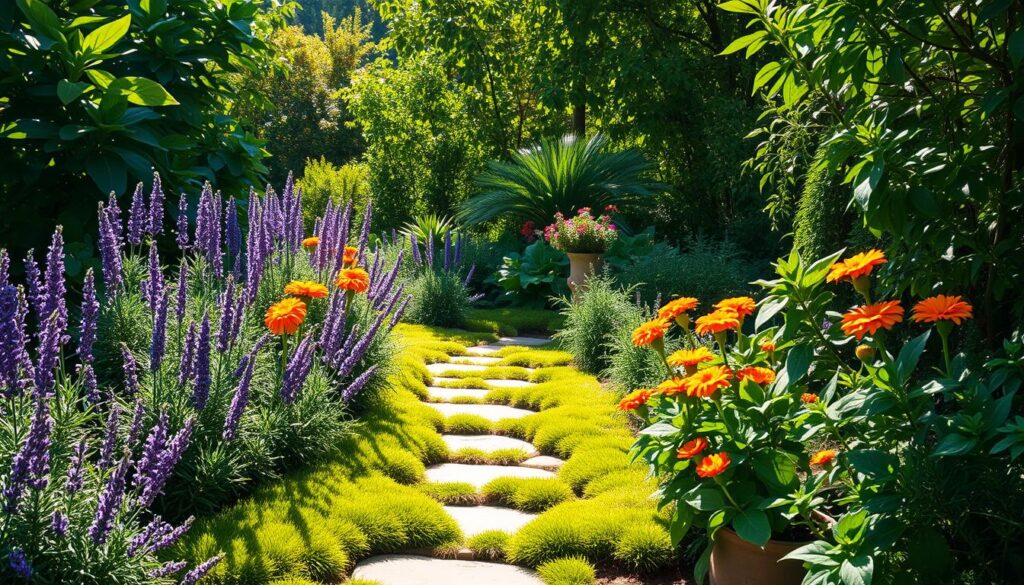 A lush garden scene featuring an array of vibrant mosquito-repelling plants such as lavender, citronella, marigolds, and basil. The landscape includes a serene pathway winding through the greenery, bordered by natural stone and soft moss. Sunlight filters through the leaves, creating dappled shadows on the ground, while gentle breezes sway the plants, evoking a sense of tranquility and harmony with nature.
