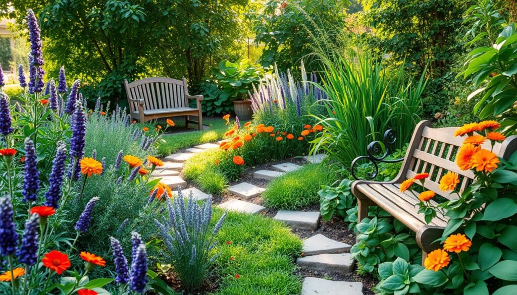 A lush garden filled with vibrant plants known for repelling mosquitoes, such as lavender, marigolds, citronella grass, and basil. The scene includes a charming pathway winding through the greenery, a decorative wooden bench, and a small water feature. Soft sunlight filters through the leaves, creating a serene and inviting atmosphere, emphasizing the natural beauty of this DIY mosquito repellent garden.