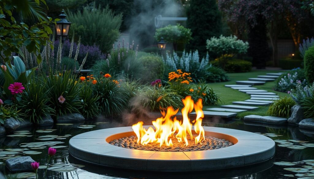 i A serene garden scene featuring a harmonious blend of fire and water elements, with a tranquil pond reflecting dancing flames from a modern fire pit, surrounded by lush greenery and vibrant flowers, steam rising gently from the water, and softly illuminated pathways guiding the viewer's eye through this enchanting setting.