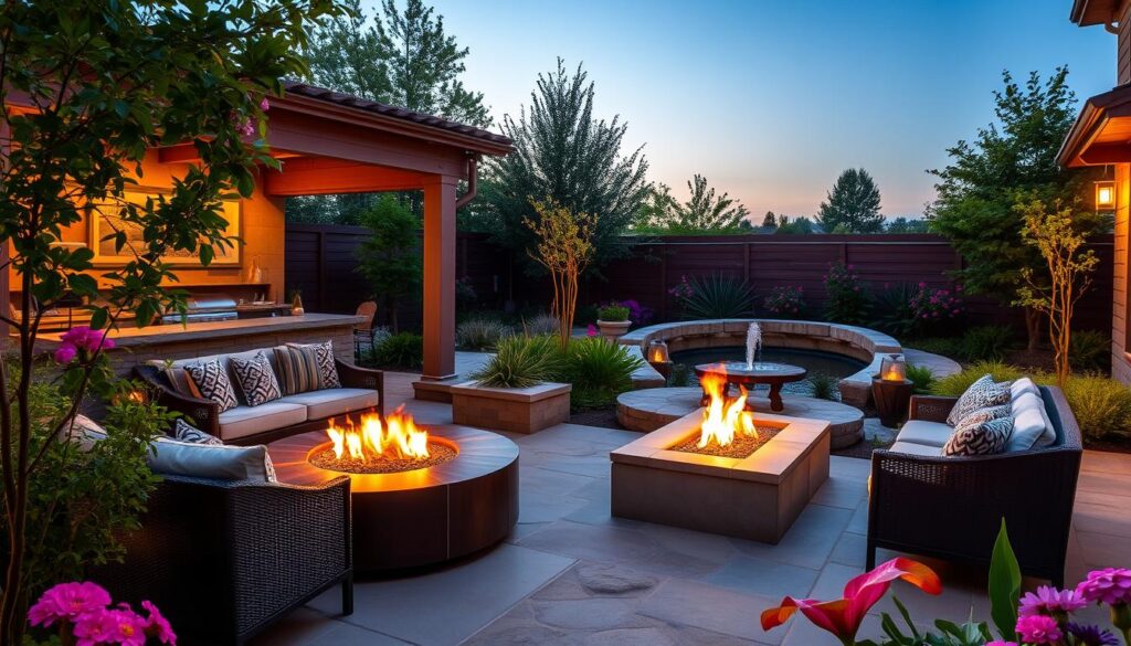 A serene outdoor living space featuring a harmonious blend of fire and water elements, showcasing a stylish fire pit surrounded by comfortable seating, intertwined with a tranquil water feature such as a pond or fountain, lush greenery and vibrant flowers framing the area, soft ambient lighting creating a cozy atmosphere during twilight.