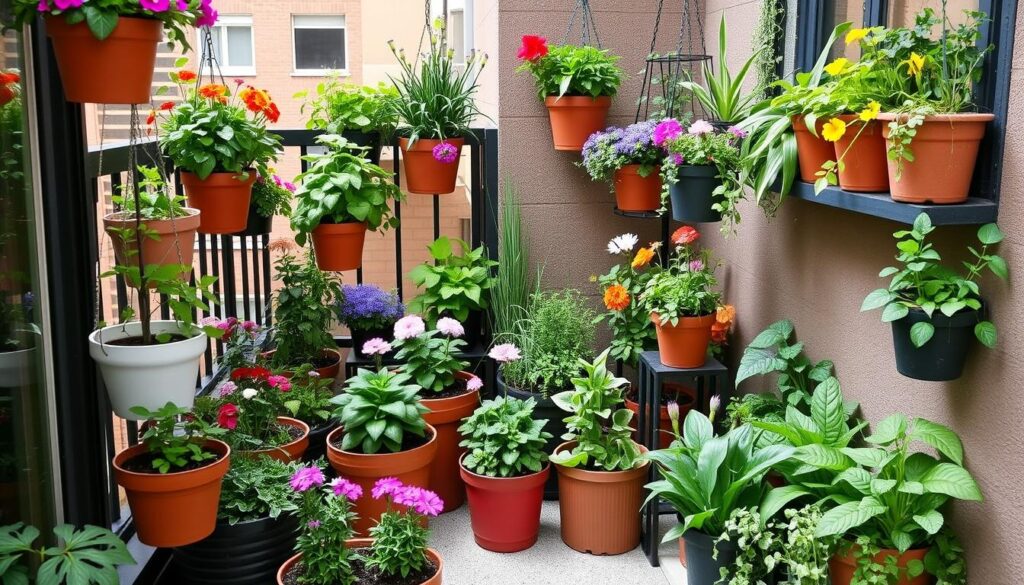 A vibrant collection of small space gardens featuring creative container solutions, including hanging pots, vertical planters, and window boxes filled with a variety of colorful flowers, herbs, and leafy greens, set against a backdrop of a cozy urban balcony or small patio, with natural light illuminating the scene.