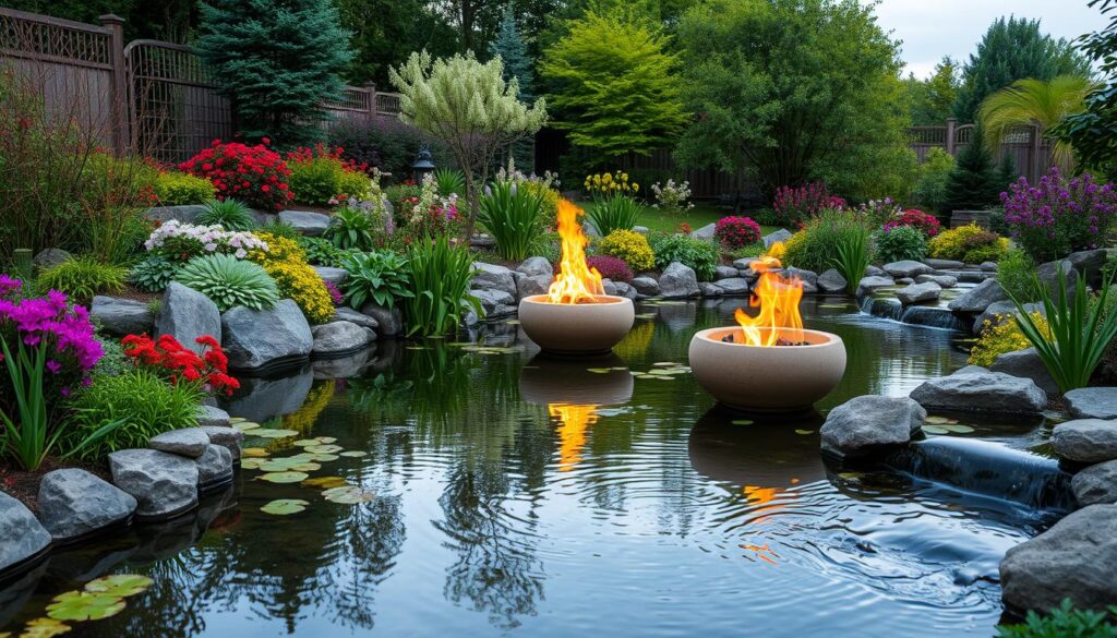 A serene garden scene showcasing the harmonious blend of fire and water features, with a tranquil pond reflecting the warm glow of fire pits surrounded by lush greenery, vibrant flowers, and softly flowing water streams, creating a balanced atmosphere of relaxation and beauty.