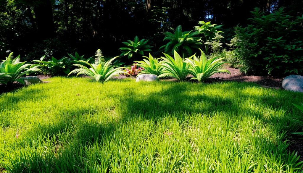 A serene garden scene showcasing a lush green lawn thriving in shaded areas, dappled sunlight filtering through overhanging trees, vibrant ferns and shade-tolerant plants surrounding the grass, and a gentle breeze rustling the leaves. The texture of the grass is rich and healthy, with soft contours and a vivid hue, complemented by natural elements like rocks and mulch for contrast.