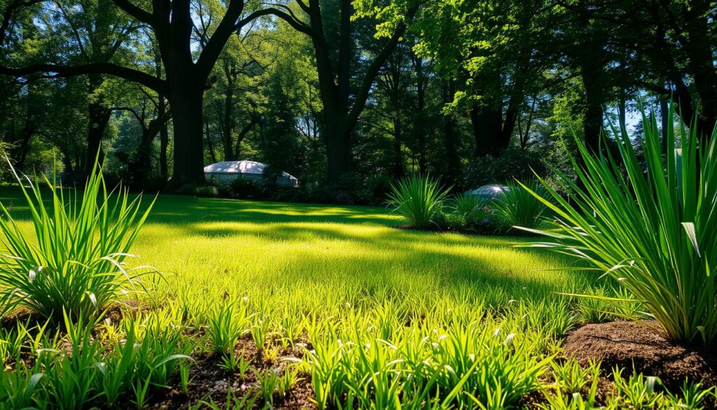 A tranquil garden scene featuring a vibrant lush lawn thriving in shaded areas, surrounded by tall trees casting dappled sunlight, diverse low-light grass varieties, soft moss interspersed, and gentle soil textures, with hints of morning dew glistening on the grass blades, creating a serene and peaceful atmosphere.