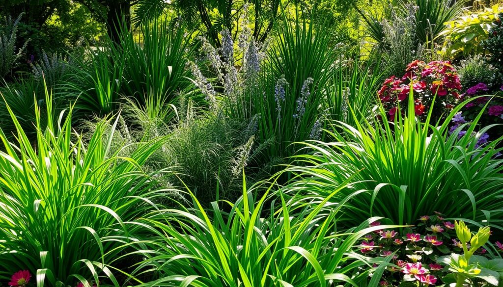 A vibrant garden scene showcasing various shade-tolerant grass varieties, lush green textures contrasting with dappled sunlight filtering through tree branches, a serene atmosphere filled with soft shadows, close-up details of different grass blades, rich hues of emerald and olive green intermingled, surrounded by diverse plants and flowers.