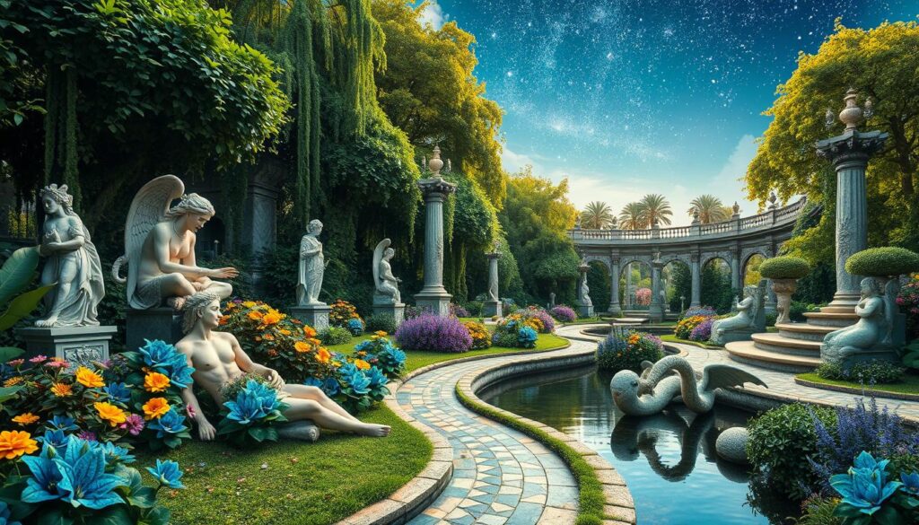 Mythological garden featuring lush greenery, ornate stone sculptures of gods and goddesses, vibrant flowers in hues of blue and gold, a tranquil pond with mythical creatures, winding pathways of mosaic tiles, and a celestial sky adorned with twinkling stars.