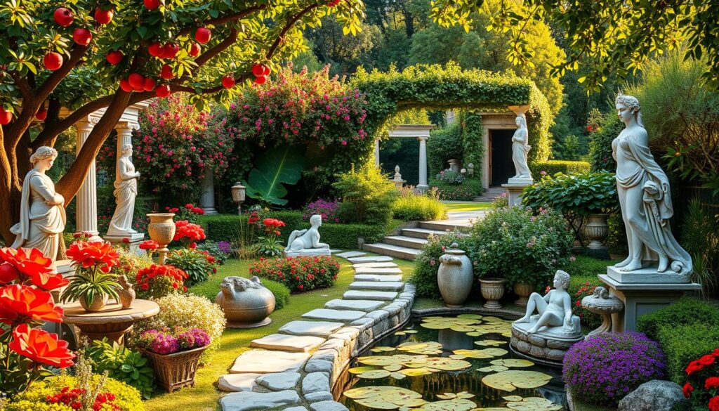 A whimsical garden inspired by Greek mythology, featuring vibrant flowers shaped like mythical creatures, elegant marble statues, and a tranquil pond surrounded by lush greenery. Incorporate elements like a path lined with pomegranate trees and ivy-covered trellises, all bathed in soft, golden sunlight.