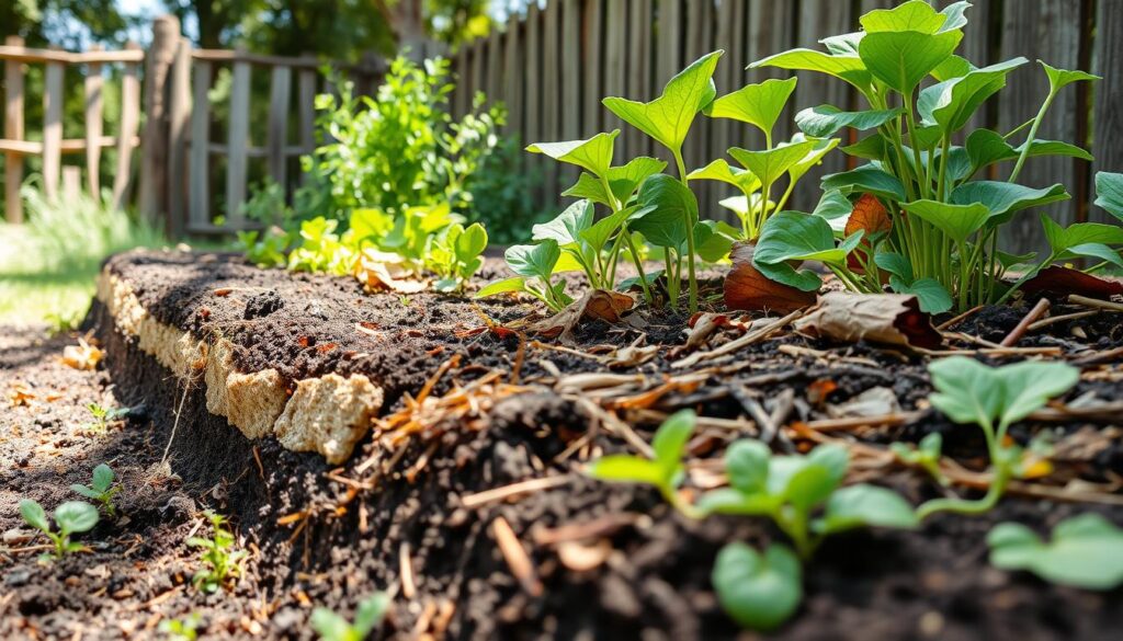 A serene garden scene showcasing no-dig gardening techniques, featuring layered organic materials like straw, compost, and leaves creating a vibrant raised bed. Lush green plants flourishing in the foreground, with earthworm activity indicated by healthy soil texture. A backdrop of a rustic fence and sunlight streaming through trees, highlighting the natural beauty and simplicity of this gardening method.