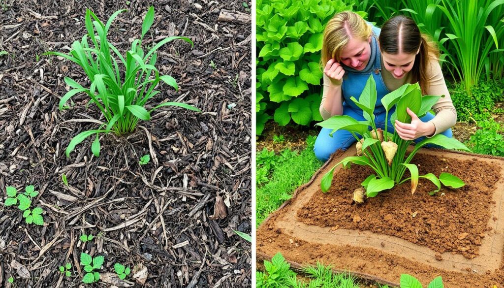 A split scene depicting common challenges in no-dig gardening: on one side, a patch with stubborn weeds breaking through layers of mulch, a close-up of roots struggling for nutrients; on the other side, a garden bed with uneven layers of compost and soil, a frustrated gardener examining a wilted plant surrounded by fallen leaves and pests. The background shows vibrant greenery, symbolizing potential growth despite the obstacles.