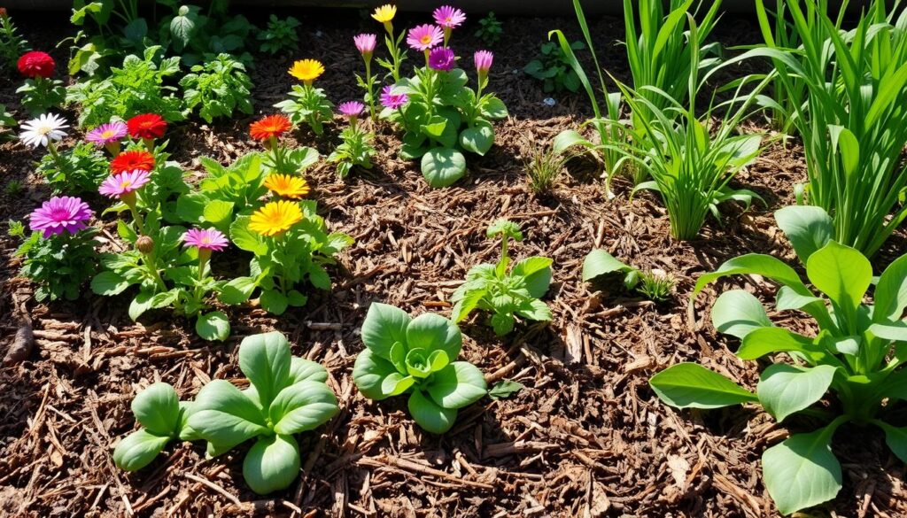 A vibrant no-dig garden scene with lush layers of organic mulch, colorful flowering plants, and rich green vegetables thriving in a sunlit setting. Include diverse textures from straw, compost, and grass clippings, surrounded by healthy earthworms and beneficial insects, showcasing the harmony of nature without traditional digging tools.