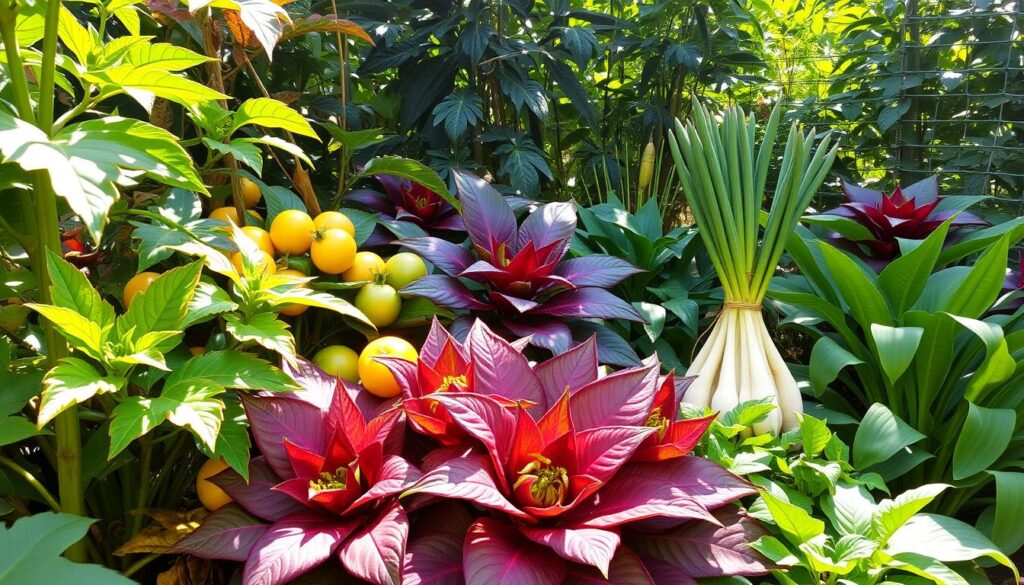 A vibrant garden filled with rare edible plants, showcasing colorful leaves and unusual fruits, featuring purple dragon fruit, bright yellow tomatillos, and deep green ramps, surrounded by lush greenery and dappled sunlight filtering through, creating a rich tapestry of textures and colors.