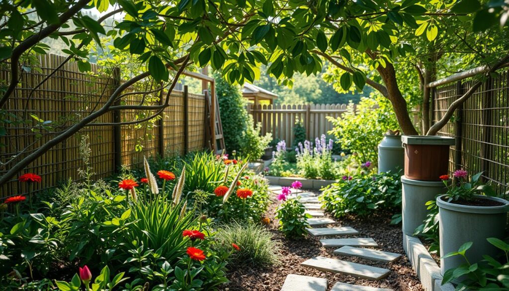 A serene garden scene featuring lush greenery, vibrant flowers, and natural landscaping materials like bamboo fencing, reclaimed wood borders, and stone pathways. The focus is on organic elements such as compost bins, mulch made from tree bark, and rainwater collection systems, creating a harmonious and eco-friendly atmosphere. Sunlight filters through the leaves, casting gentle shadows on the ground, showcasing an inviting space for biodiversity.