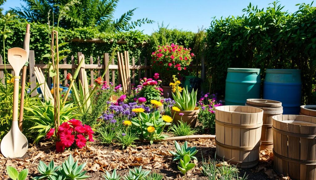 A vibrant, lush garden showcasing a variety of plastic-free gardening solutions, including wooden garden tools, organic cotton plant ties, bamboo stakes, and biodegradable pots; colorful flower beds surrounded by natural mulch made from leaves and shredded bark, with rainwater collection barrels made from reclaimed materials, all under a clear blue sky.