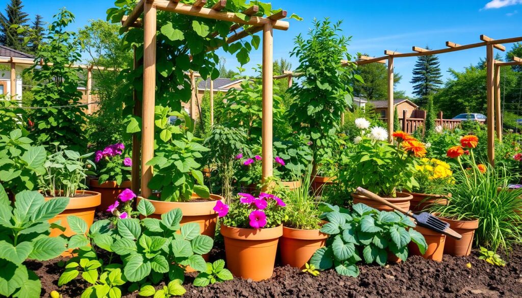A vibrant garden scene showcasing an array of lush plants, flowers, and vegetables grown without synthetic materials, featuring natural compost and biodegradable tools, surrounded by natural wooden trellises and terracotta pots, with rich soil and a clear blue sky overhead.