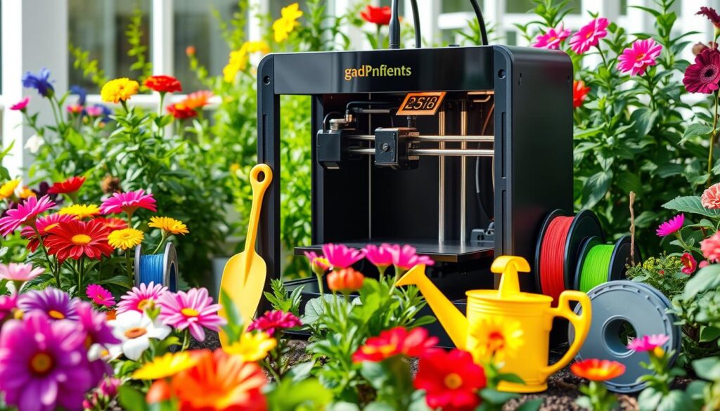 A modern 3D printer in a bright garden setting, surrounded by various colorful flowers and plants, creating innovative gardening tools like a customized trowel and watering can, with spools of vibrant filament nearby, showcasing the fusion of technology and nature.