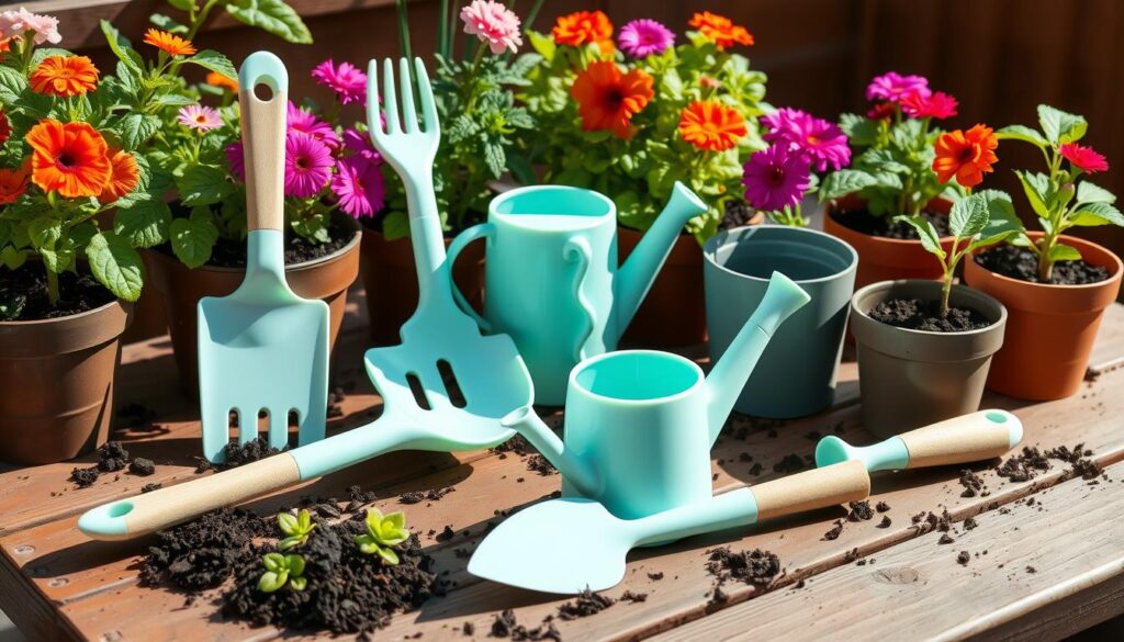 "An array of innovative 3D-printed gardening tools displayed on a wooden table, featuring ergonomic designs like a trowel, watering can, and planter pots, surrounded by vibrant plants and soil, showcasing modern technology blended with nature, in natural sunlight"