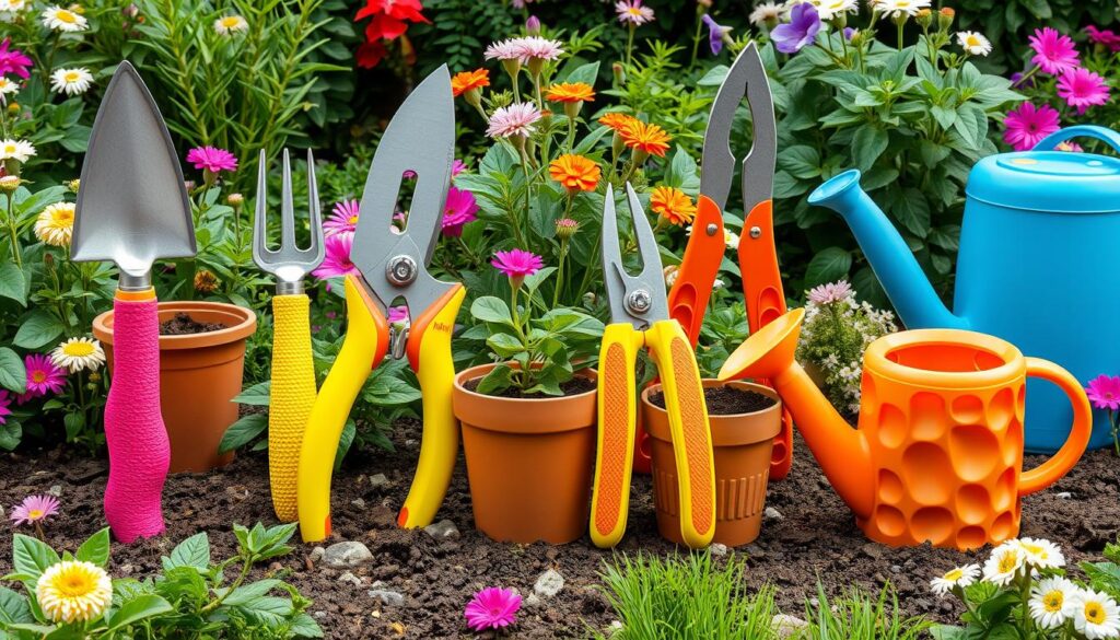 A collection of innovative 3D-printed gardening tools displayed in a vibrant garden setting, showcasing ergonomic designs and unique textures; tools include a trowel, pruning shears, plant pots, and a watering can, all in bright colors and futuristic shapes, surrounded by lush greenery and blooming flowers.
