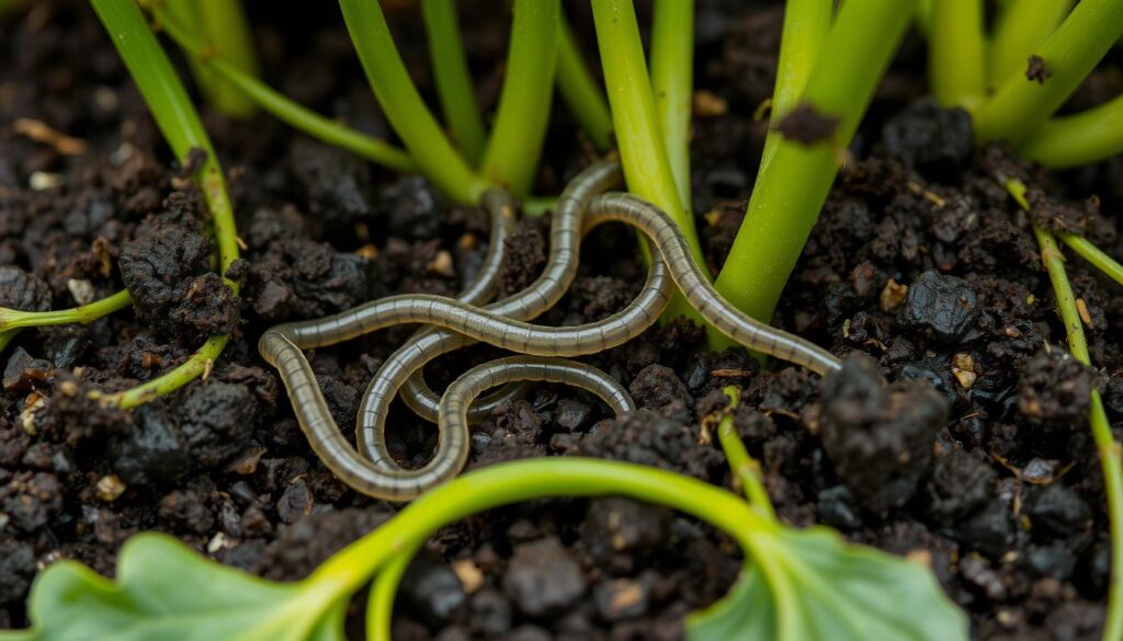 Close-up of beneficial nematodes wriggling through rich, dark soil, surrounded by vibrant green plant roots, with microscopic details showcasing their unique shapes and textures, in a natural garden setting.