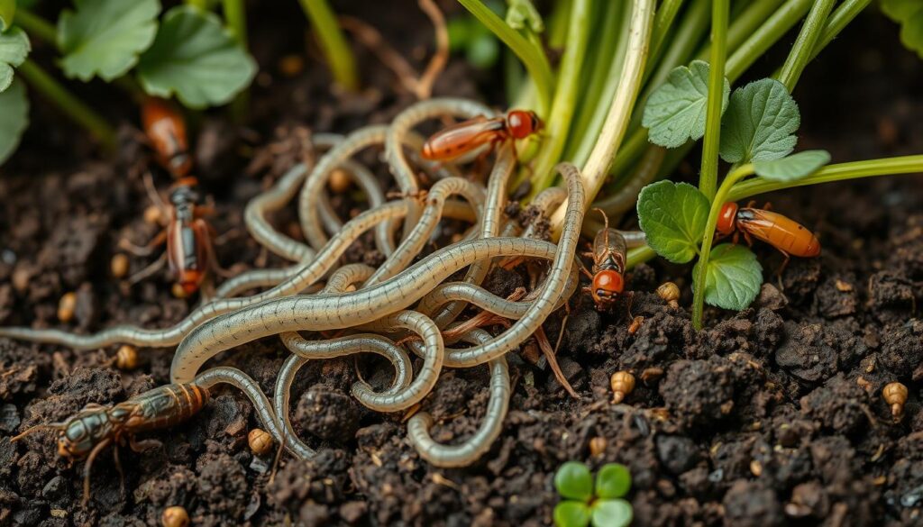 A close-up of microscopic beneficial nematodes in a vibrant soil ecosystem, interacting with plant roots, surrounded by diverse beneficial insects and healthy green plants, showcasing their role in natural pest control, detailed textures and colors highlighting the harmony of nature.