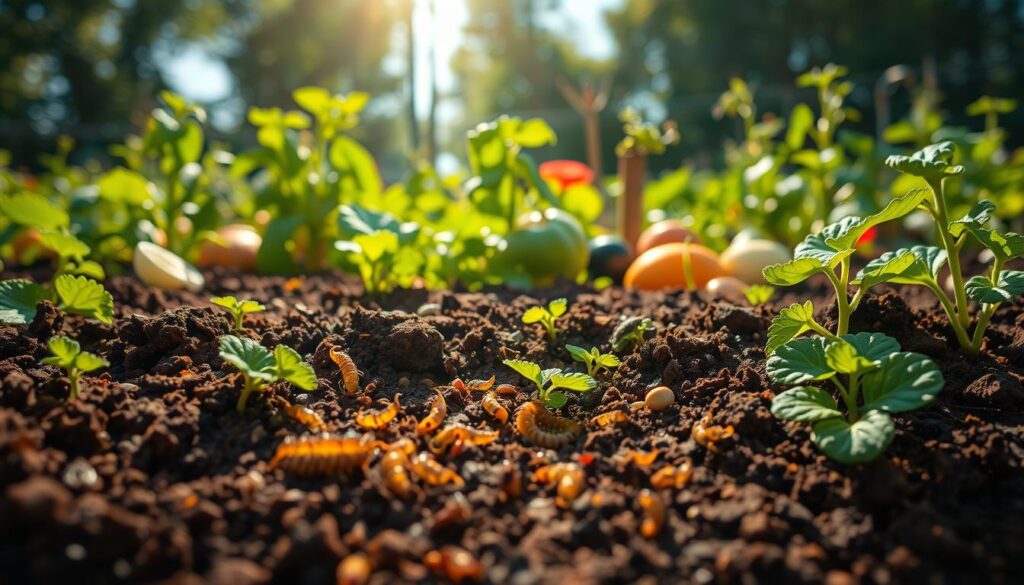 A vibrant garden scene showcasing soil teeming with beneficial nematodes, microscopic details highlighting their movement through rich, dark earth, surrounded by healthy plants and vegetables thriving under sunlight, illustrating the concept of natural pest management without any pests visible.