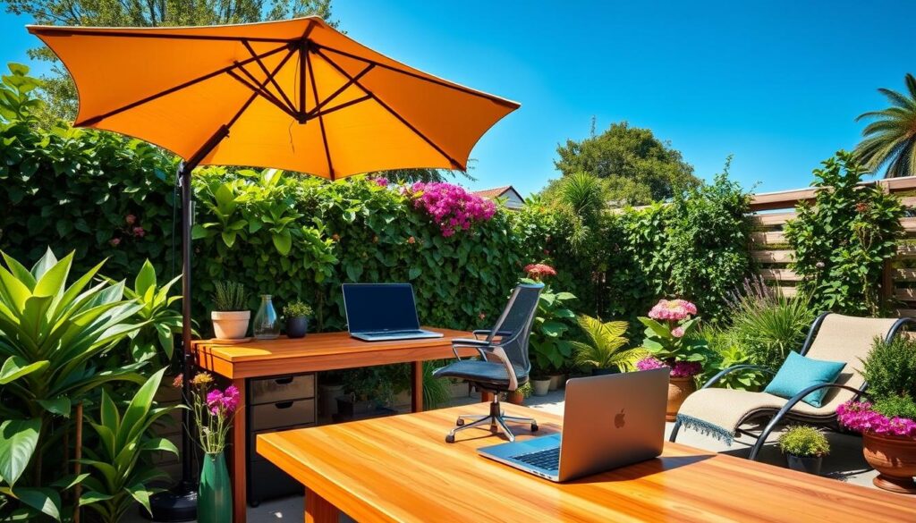 An inviting garden workspace featuring a stylish wooden desk with a comfortable ergonomic chair, surrounded by lush greenery and colorful flowers, a sturdy umbrella providing shade, a cozy lounge chair for breaks, decorative potted plants, and a sleek laptop resting on the desk, all under a clear blue sky.