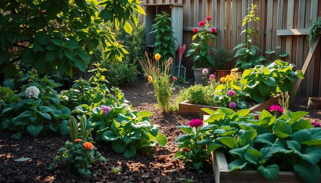 A vibrant backyard garden scene showcasing diverse rare edible plants, lush greenery, rich soil, sunlight filtering through leaves, colorful blooms, and heirloom vegetables thriving in raised beds, surrounded by rustic wooden fencing and garden tools.