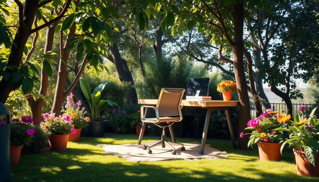 A serene outdoor office space nestled in a lush garden, featuring a stylish wooden desk, ergonomic chair, and vibrant potted plants. Sunlight filters through the leaves of surrounding trees, casting dappled shadows on a soft grass carpet. A cozy outdoor rug lays beneath the desk, and a gentle breeze sways colorful flowers nearby, creating a peaceful work atmosphere.