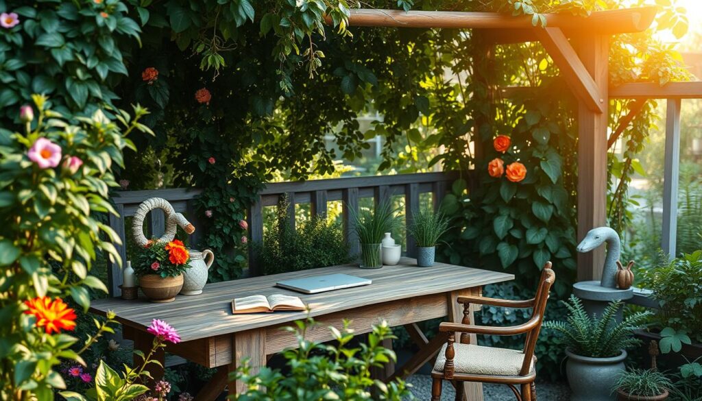 A tranquil outdoor office space nestled in a garden, featuring a rustic wooden desk surrounded by lush greenery, colorful flowers, and soft sunlight filtering through the leaves, complemented by a comfortable chair and decorative elements like potted plants and a small water feature.