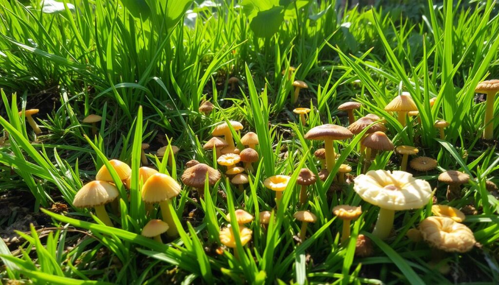 A vibrant green lawn teeming with various types of fungi, showcasing mycelium networks intertwining with grass roots, diverse mushroom species sprouting among lush blades of grass, a close-up view highlighting the symbiotic relationship between fungi and plants, bright sunlight filtering through leaves above, creating a lively and resilient ecosystem.