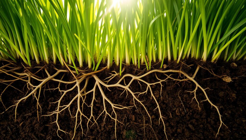 "Close-up view of healthy grass with intricate mycorrhizal networks intertwined among the roots, showcasing vibrant green lawn above and a rich, textured soil below, illuminated by soft sunlight filtering through leaves."