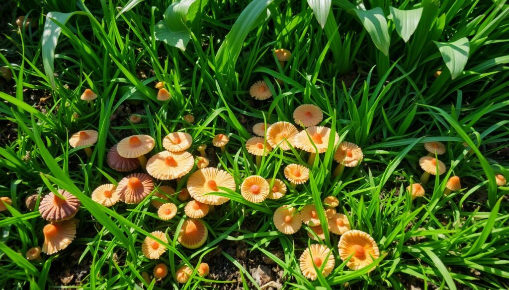 A vibrant, lush lawn teeming with healthy green grass, interspersed with various fungi species, showcasing their intricate shapes and colors, sunlight filtering through the leaves above, creating a picturesque and harmonious ecosystem, rich soil texture visible, emphasizing the symbiotic relationship between grass and fungi.