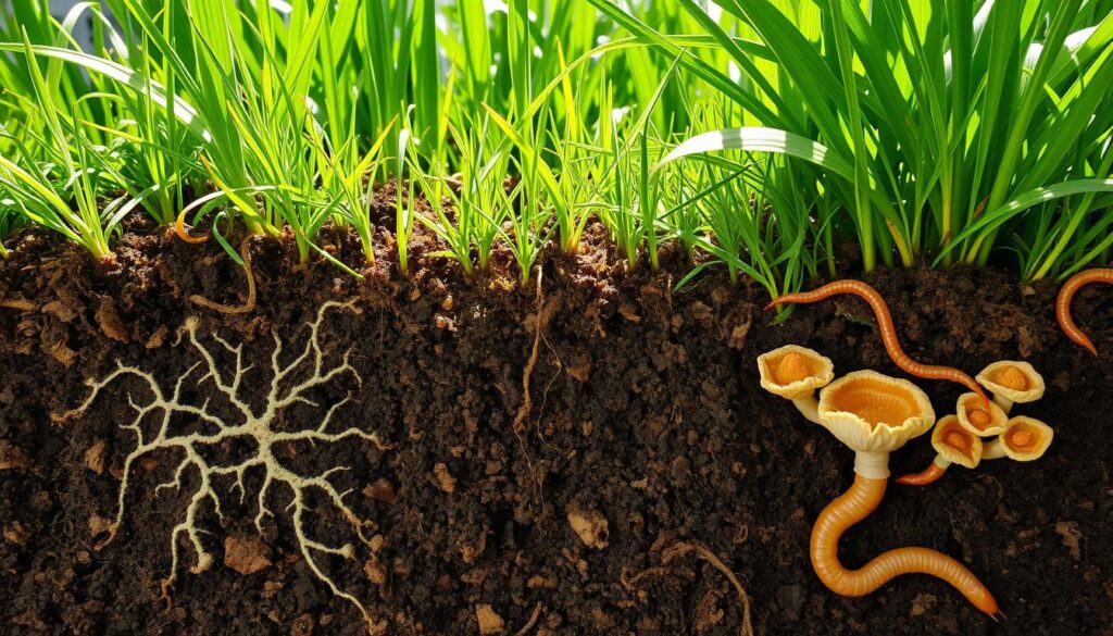 A vibrant, healthy lawn with diverse grasses and plants, intricate fungal networks visibly interwoven in the soil, beneficial mycorrhizal fungi connecting roots, rich organic matter, earthworms thriving in the soil, a cross-section view showcasing the symbiotic relationship between soil and fungi, bright sunlight filtering through leaves, and an overall sense of vitality and resilience in the ecosystem.