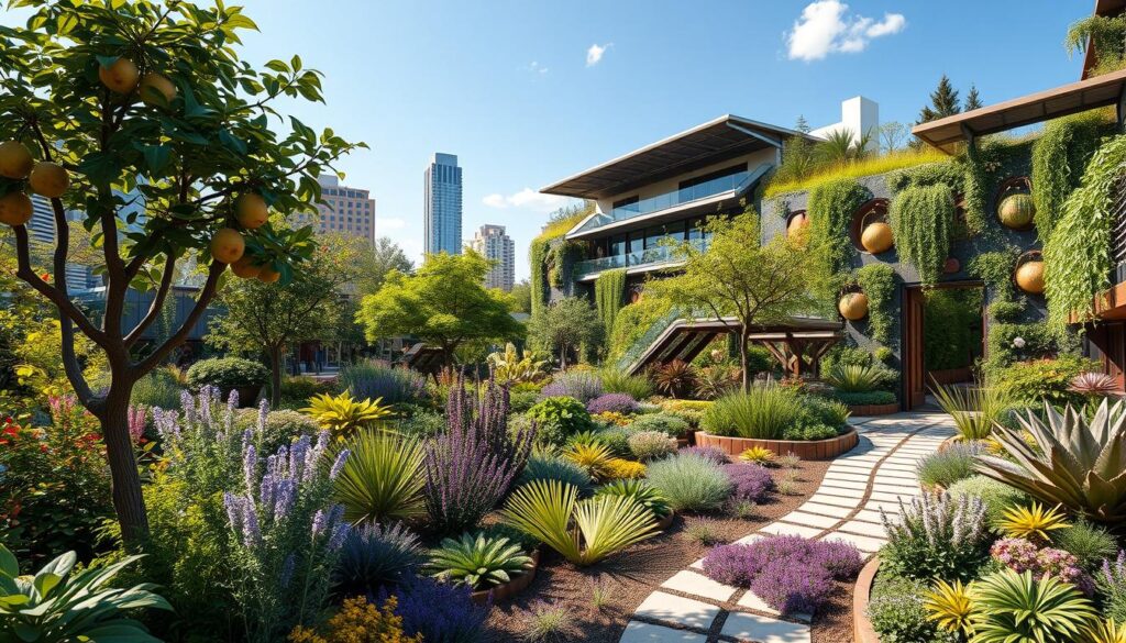 A vibrant urban garden seamlessly integrating fruit trees, flowering herbs, and ornamental plants, with futuristic design elements like solar panels, vertical gardens, and winding pathways, showcasing diverse textures and colors under a bright blue sky.