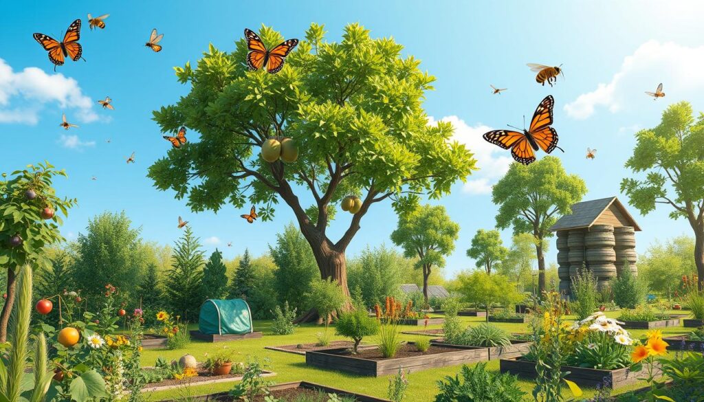 A serene edible landscape featuring a diverse garden with fruit trees, vegetable patches, and flower beds, integrated with sustainable practices like compost bins and rainwater harvesting systems, surrounded by natural wildlife habitats, under a bright blue sky with butterflies and bees pollinating the plants.