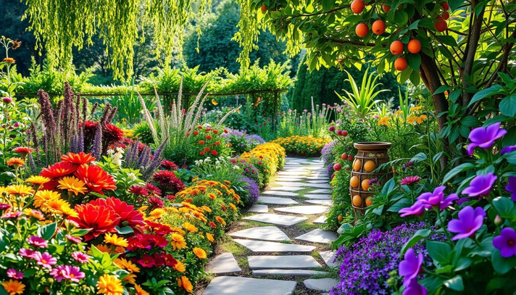 A vibrant garden combining ornamental plants and edible crops, featuring colorful fruits and vegetables intermingled with flowers, pathways made of natural stones, bees and butterflies fluttering around, lush greenery in the background, sunlight filtering through tree branches, creating a harmonious balance of beauty and food production.