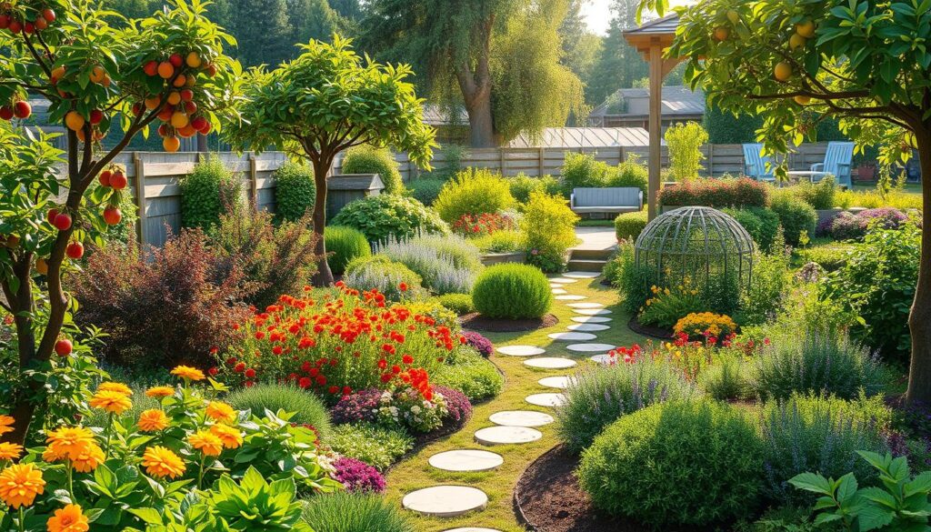 A vibrant garden landscape featuring a diverse array of edible plants, including fruit trees, berry bushes, and vegetable patches, seamlessly integrated into a natural setting. The scene showcases colorful flowers, winding paths, and inviting seating areas, all harmoniously blending beauty with sustainability. Sunlight spills over the lush greenery, creating a warm and inviting atmosphere.