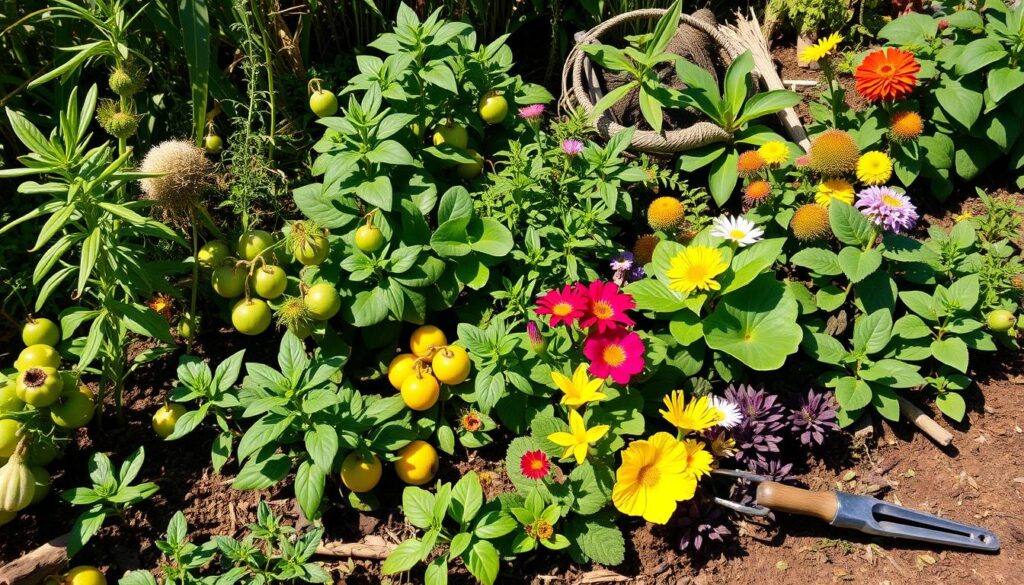 A vibrant garden scene filled with rare edible plants, featuring unique herbs like epazote, unusual fruits such as pawpaw and jabuticaba, colorful edible flowers, and striking foliage, all thriving in lush soil under warm sunlight, surrounded by garden tools and natural elements.