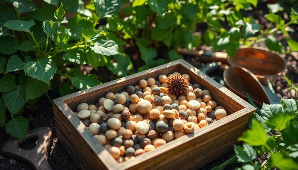 A close-up of an open wooden box filled with various heirloom seeds, showcasing their unique shapes and colors, surrounded by lush green foliage, sunlight filtering through leaves, and scattered gardening tools in a rustic garden setting.